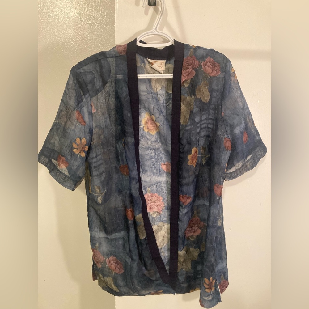 Vintage Floral Sheer Kimono Top - Navy